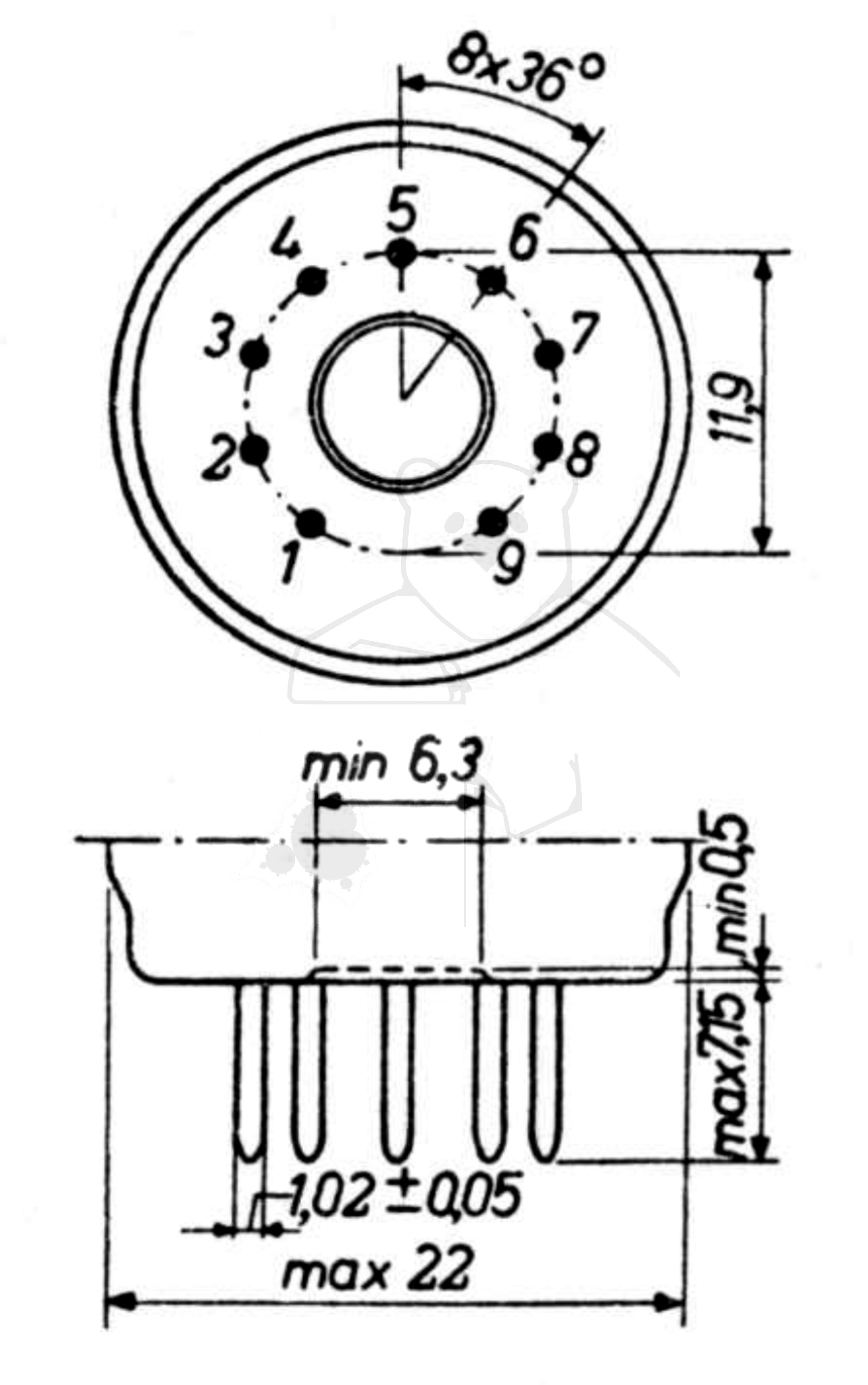 Fassung für Röhren mit: Noval, 9pol. aus: Das große Röhrenhandbuch, Franzis Verlag, 1995 München